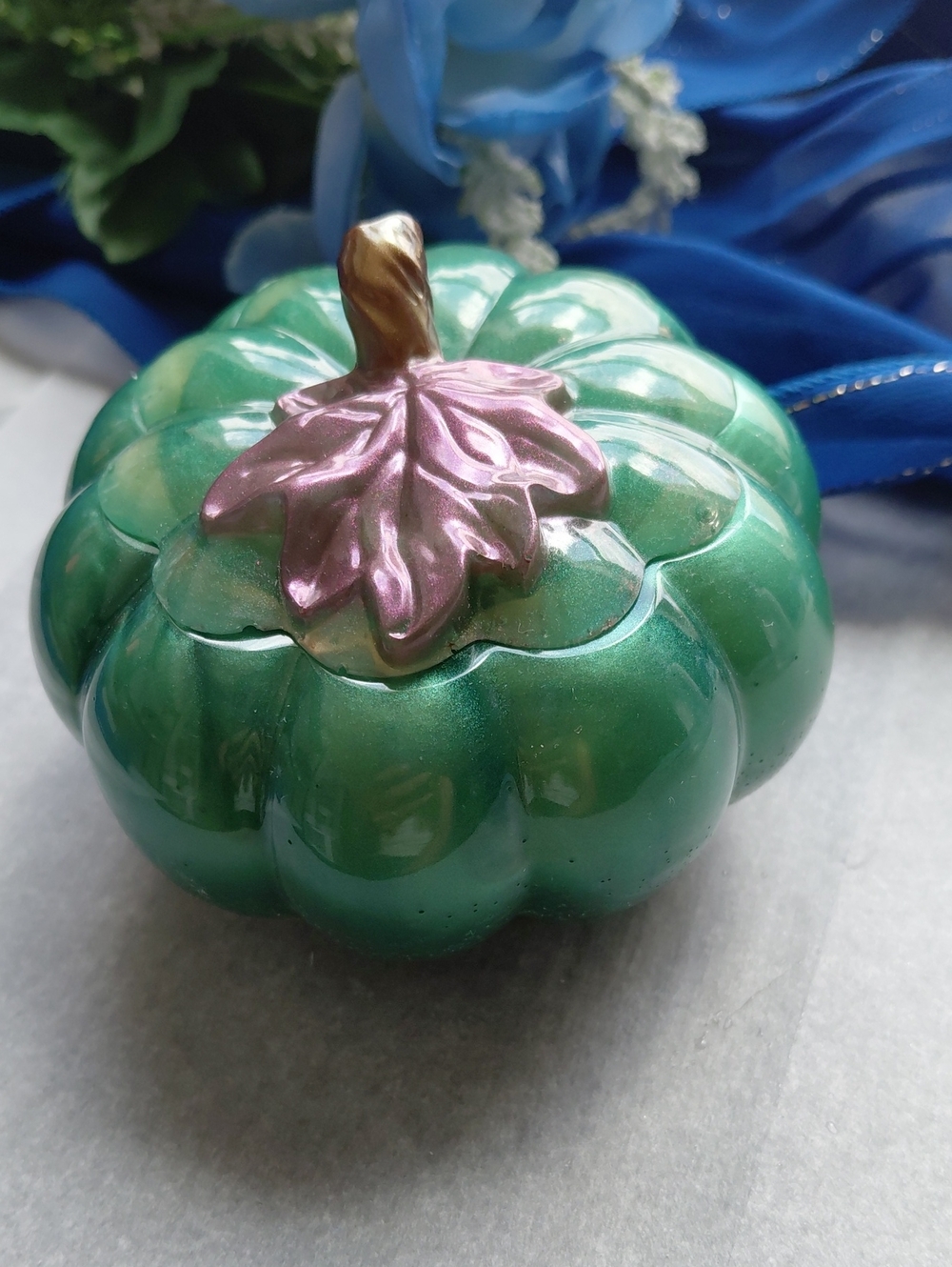 Handcrafted Green Decorative Pumpkin Trinket Box with Purple Leaf Accent